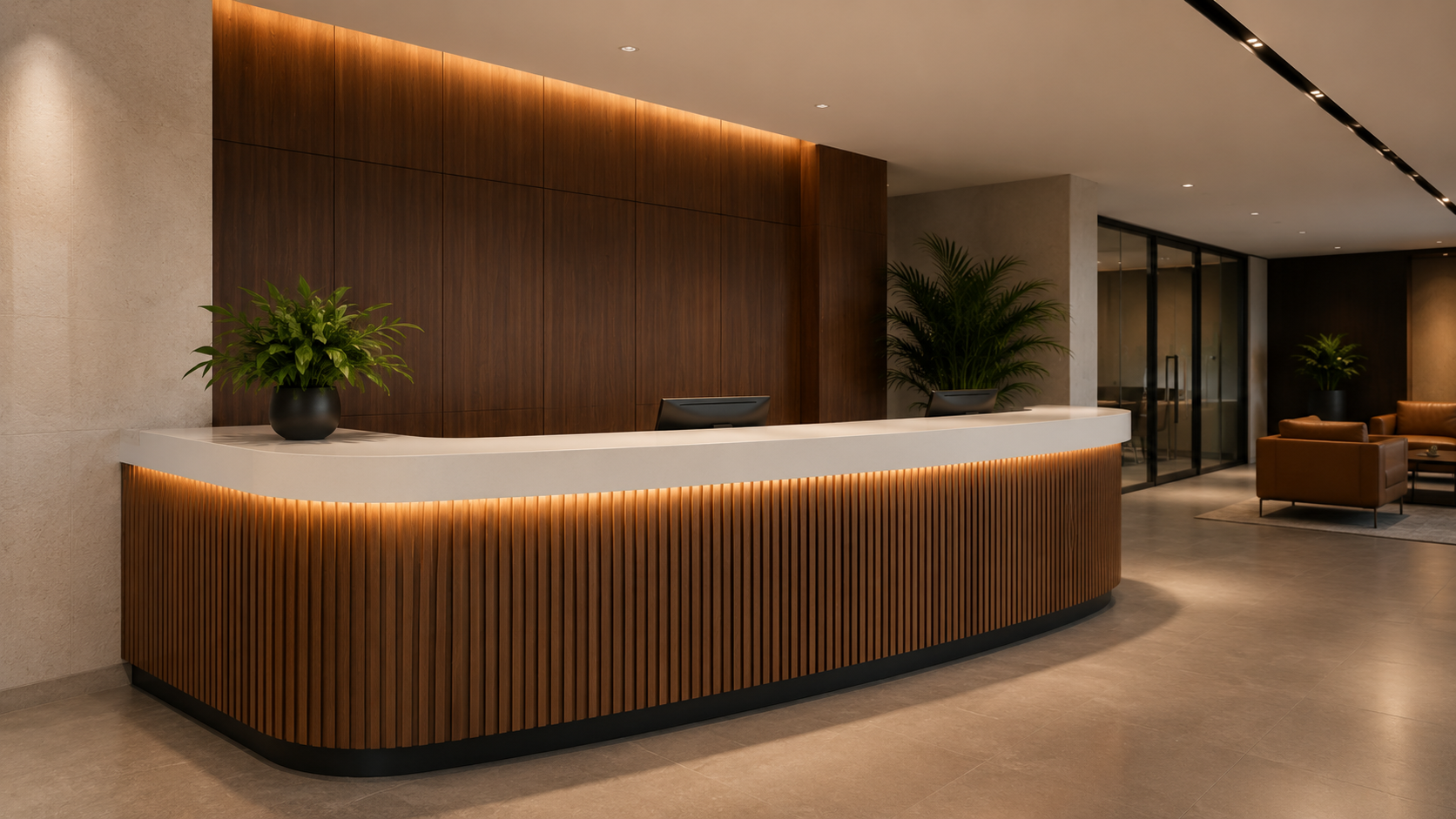 Bespoke curved wood reception foyer desk